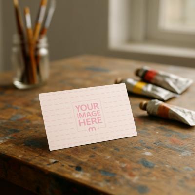 Business Card Mockup on Stained Table for Artistic Brand Identity