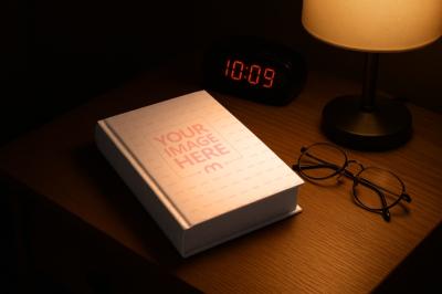 Book Cover Mockup on Table with Lamp for Novel Covers
