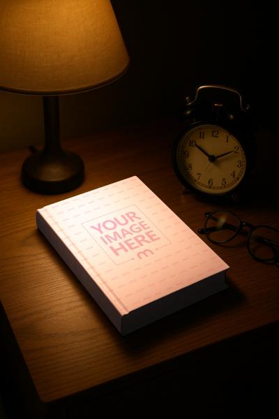 Book Cover Mockup on Table with Clock and Glasses