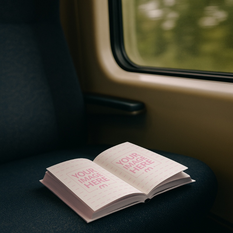 Open Book Page Mockup Placed on Train Seat preview image
