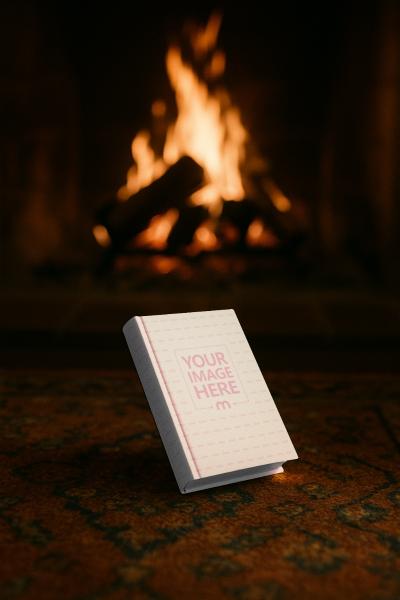 Book Cover Mockup on Carpet by Fireplace