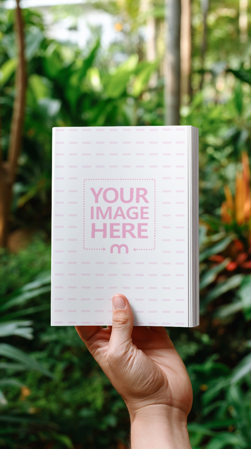 Book Cover Mockup in Man’s Hand with Nature Themed Background preview image