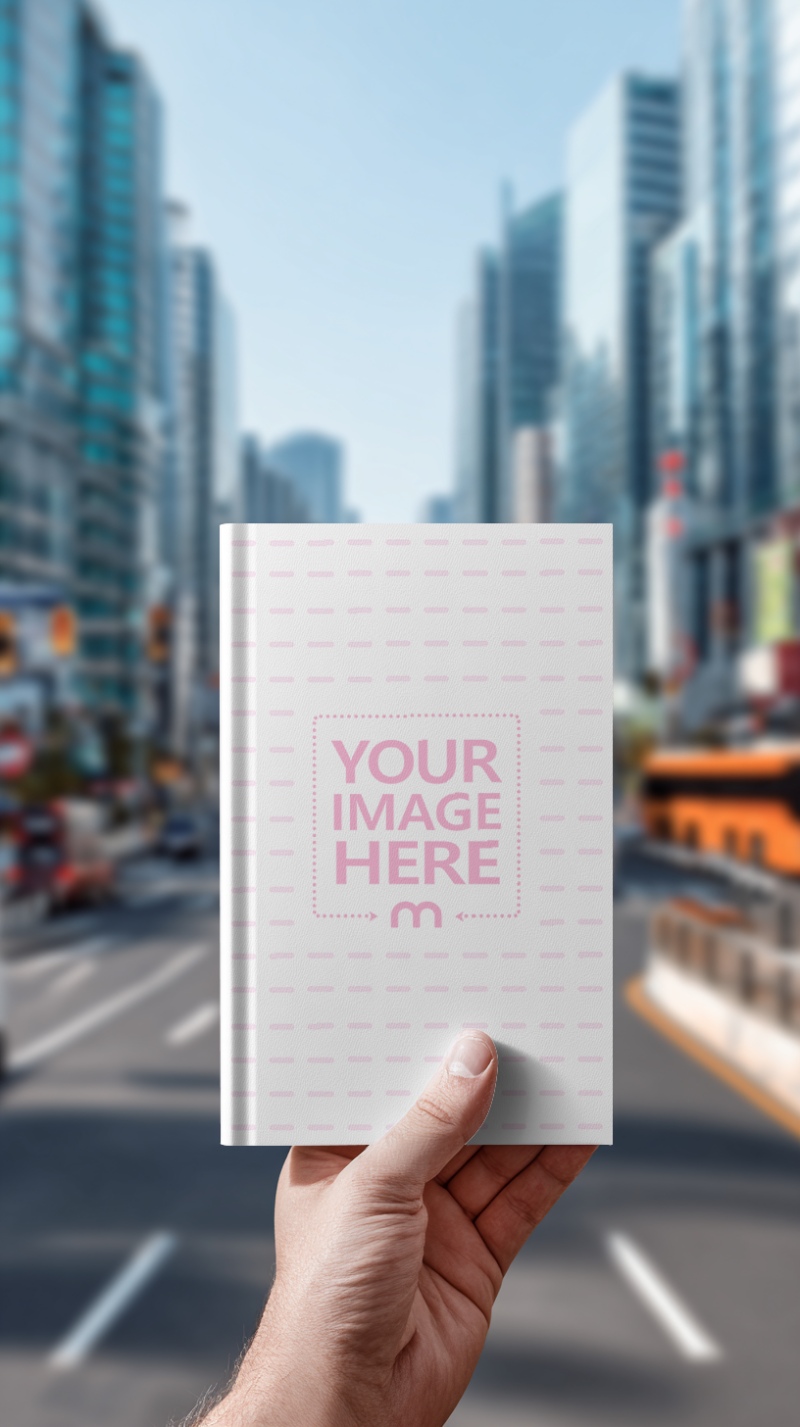 Book Cover Mockup in Hand with City View for Urban Editorials preview image