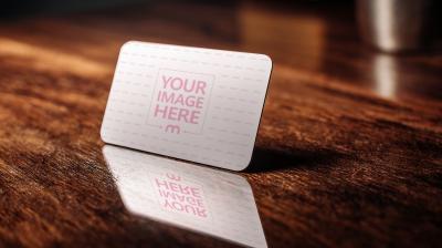 Business Card Mockup on Reflective Wooden Table