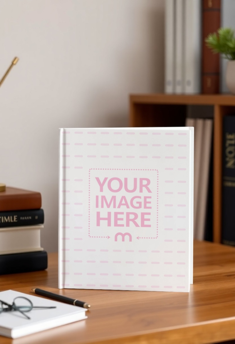 Book Cover Mockup on Top of Wooden Table in Home preview image