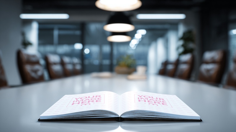 Open Book Page Mockup on Table in Office Meeting Room preview image