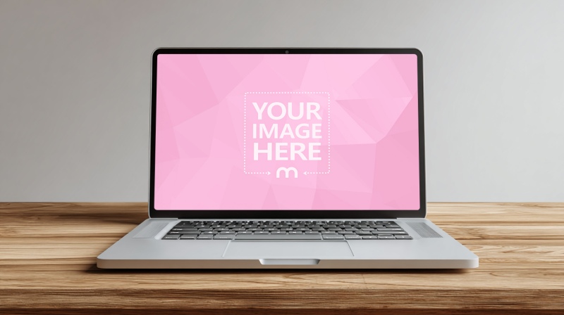 Laptop Mockup on Wooden Table for Workspace Branding preview image