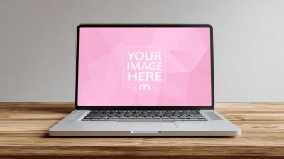 Laptop Mockup on Wooden Table for Workspace Branding