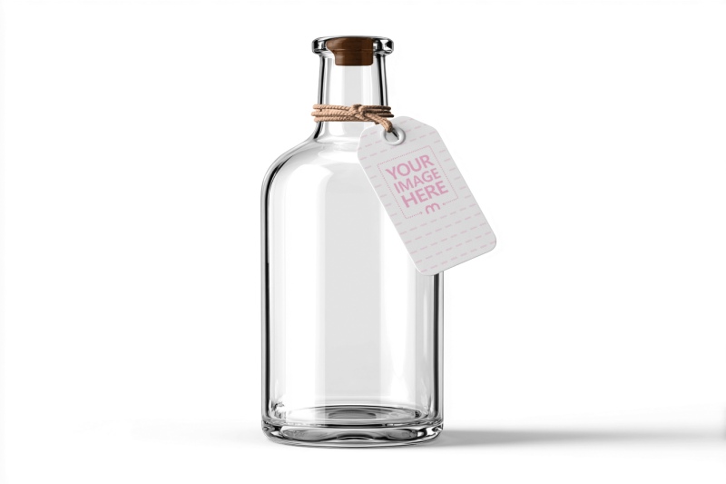 Glass Bottle Tag Mockup on White Background for Beverage Products preview image