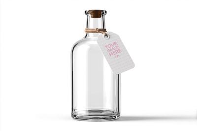 Glass Bottle Tag Mockup on White Background for Beverage Products