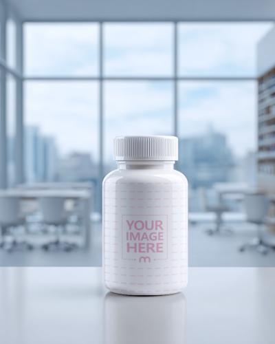 Pill Bottle Mockup on Table with Office Background for Pharmaceuticals