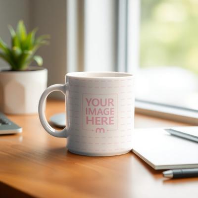 Mug Mockup on Wooden Table beside Window at Home