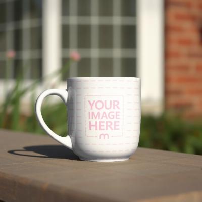 Mug Mockup on Outdoor Wooden Bench for Café Branding