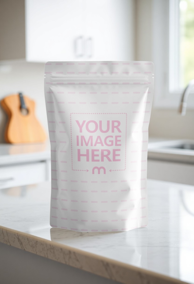 Doypack Mockup on White Table in Kitchen for Organic Foods preview image
