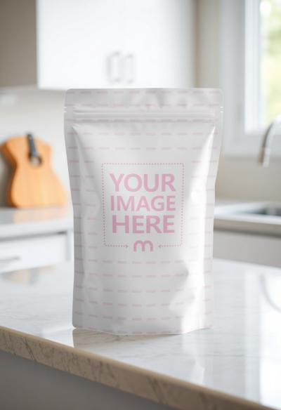 Doypack Mockup on White Table in Kitchen for Organic Foods