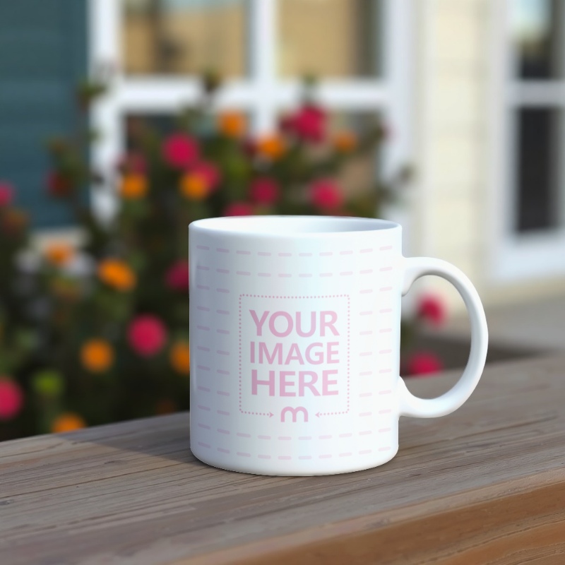 Mug Mockup on Wooden Table in Home Garden preview image