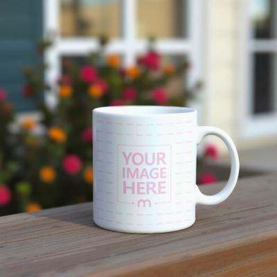Mug Mockup on Wooden Table in Home Garden