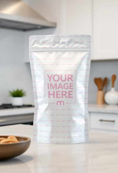 Doypack Mockup on White Table in Kitchen for Snack Products