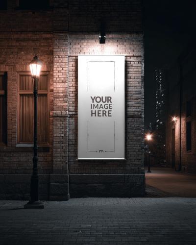Nighttime Pub Banner Mockup on Street Exterior for Bar Advertising