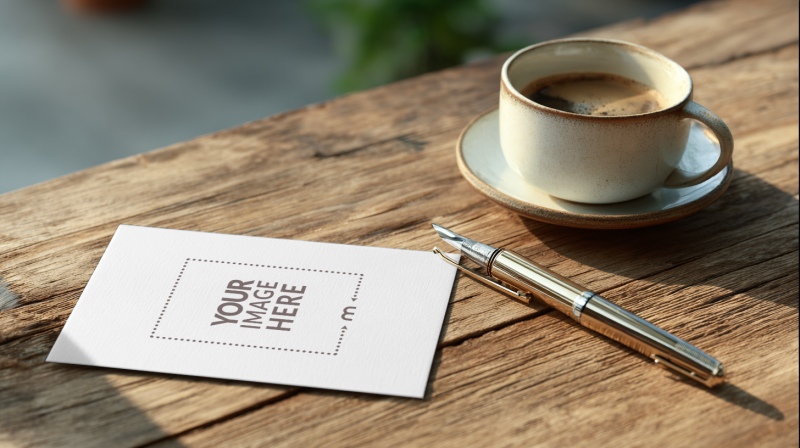 Greeting Card Mockup on Wooden Table with Coffee preview image