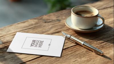 Greeting Card Mockup on Wooden Table with Coffee
