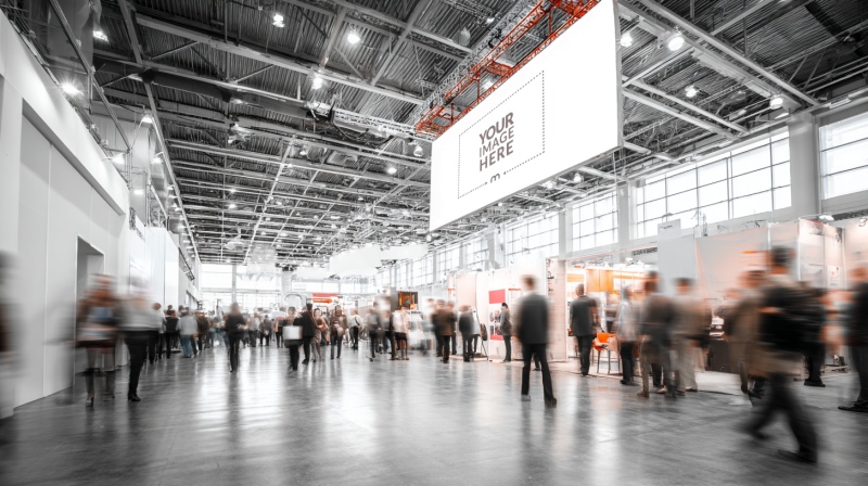 Overhead Digital Banner Mockup at Business Fair for Event Promotion preview image