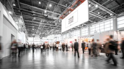 Overhead Digital Banner Mockup at Business Fair for Event Promotion