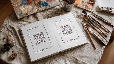 Open Book Pages Mockup on Painting Studio Table