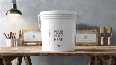 Paint Bucket Mockup in Painting Studio for Interior Designers