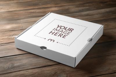 Pizza Box Mockup on Wooden Table for Restaurant Branding