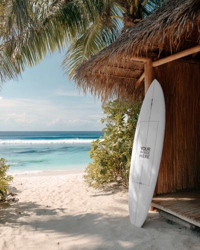 Surfboard Mockup on Beach for Summer Lifestyle Branding