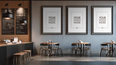 Three Frame Mockup in Café Interior for Art Display