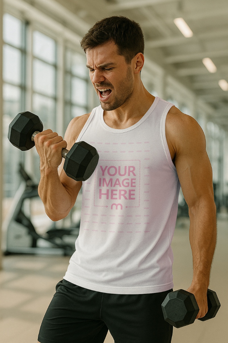 Vest Mockup on Person with Dumbbell for Gym Wear preview image