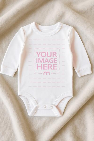 Top View of Onesie Mockup on Soft Fabric for Kids Dress
