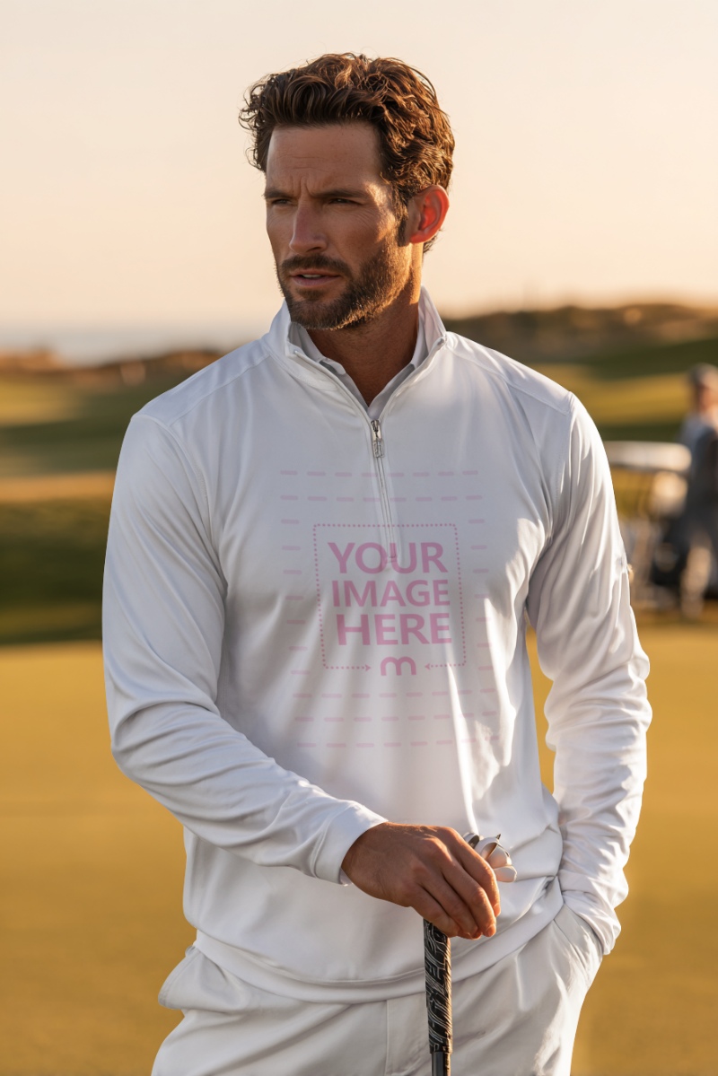 Polo Shirt Mockup with Golf Club for Sportswear Design preview image