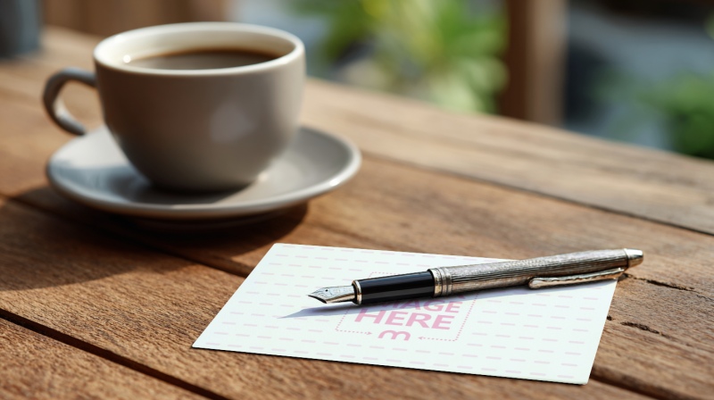 Paper Sheet Mockup with Pen and Teacup for Stationery Branding preview image