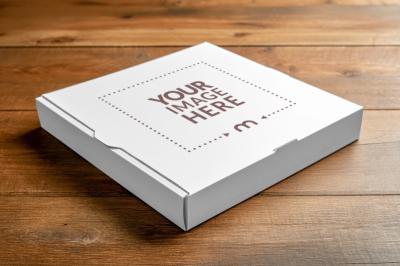 Pizza Box Mockup on Wooden Floor for Restaurant Branding