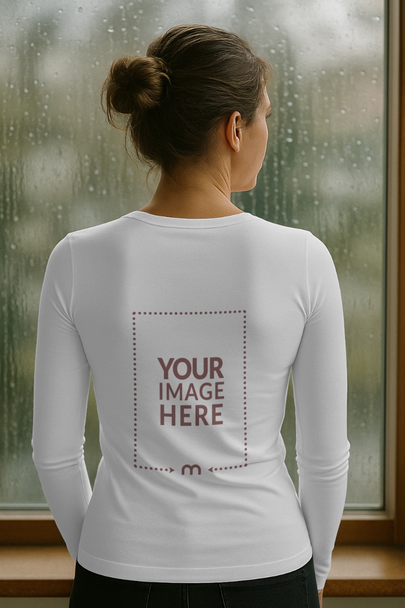 Back View Long Sleeve T-Shirt Mockup on Female Model preview image