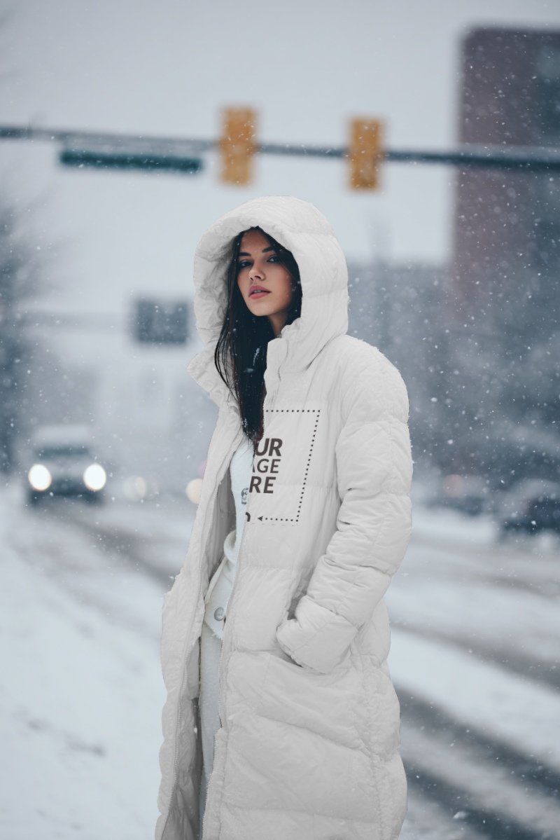 Parka Jacket Mockup on Woman Standing in Snowy Landscape preview image