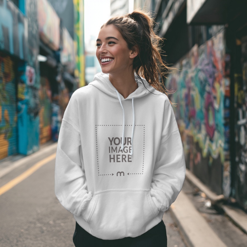Hoodie Mockup on Smiling Woman Standing Outdoor preview image