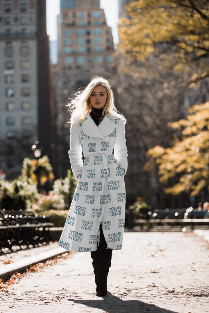 Overcoat Mockup on Woman Standing in City Park preview image