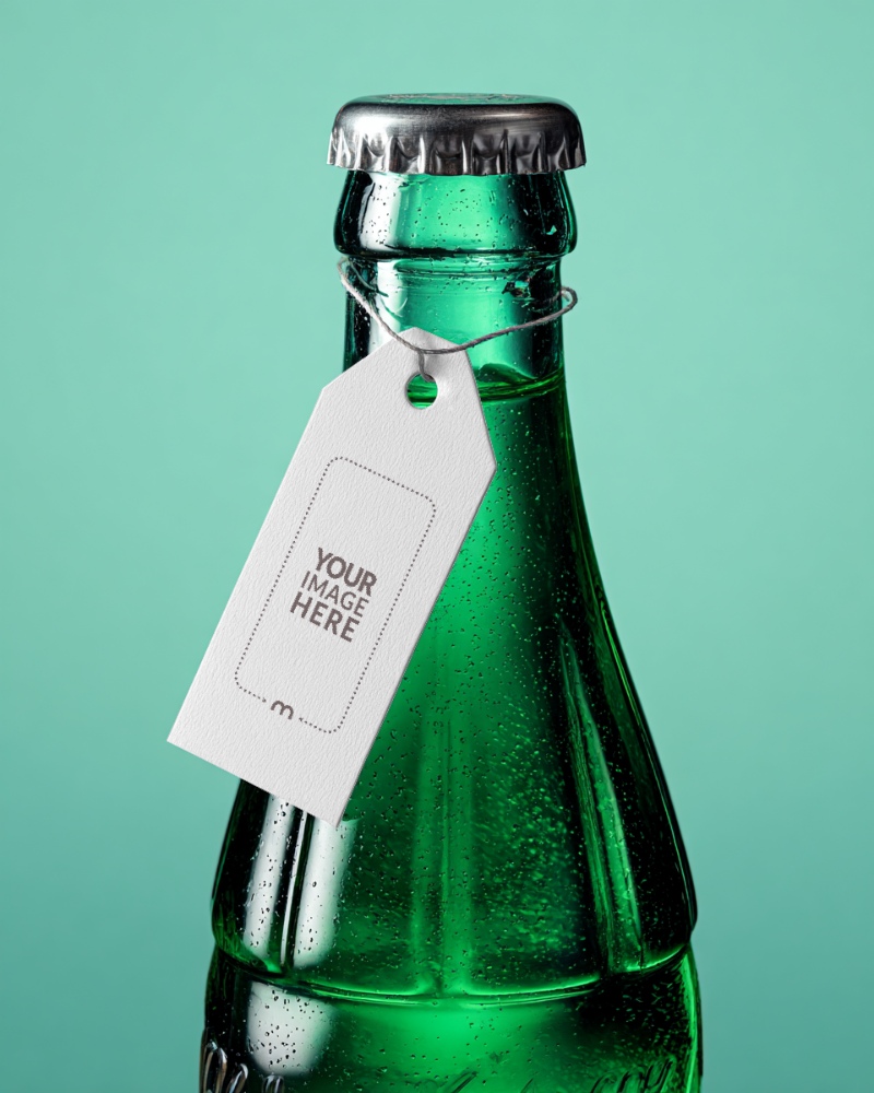 Tag Mockup on Green Beer Bottle for Brewery Packaging preview image