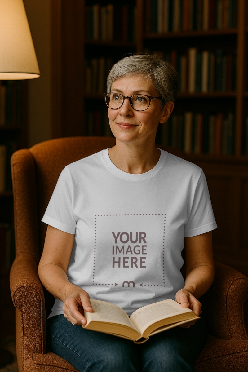 T-Shirt Mockup on Senior Woman in Living Room preview image