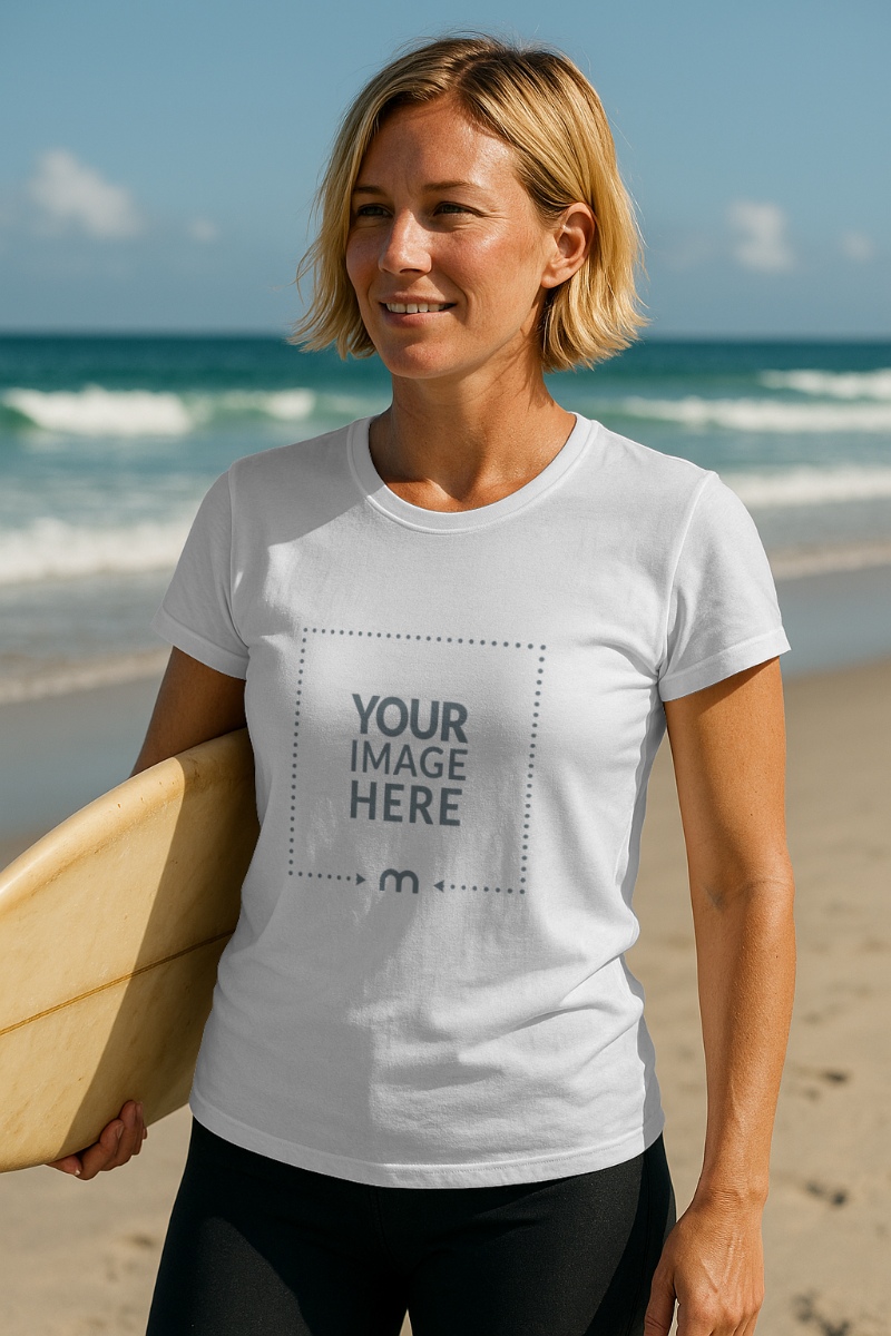 T-Shirt Mockup on Surfer Woman at Beach preview image