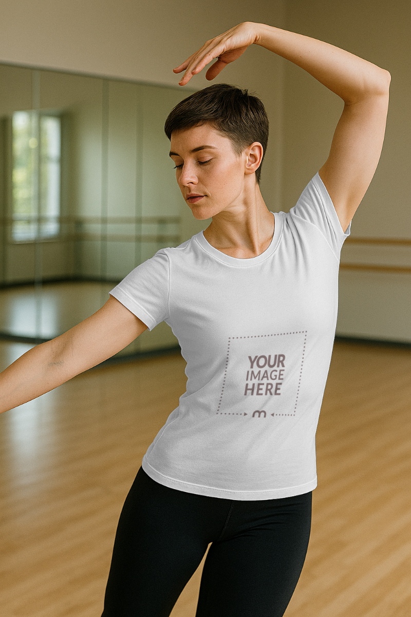 T-Shirt Mockup on Dancing Woman for Fitness Apparel preview image