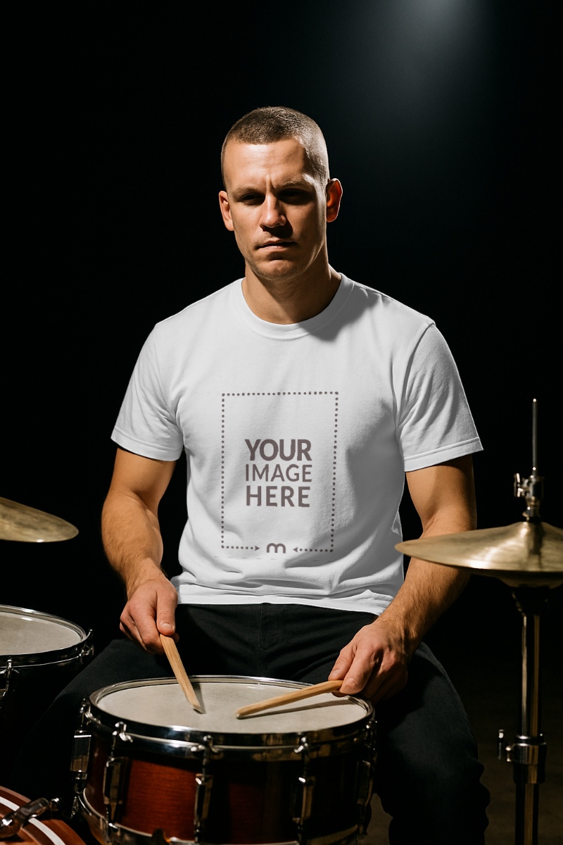 T-Shirt Mockup on Band Drummer for Concert Merchandise preview image