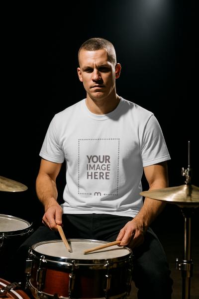 T-Shirt Mockup on Band Drummer for Concert Merchandise