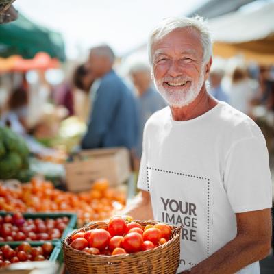 T-Shirt Mockup on Man with Tomatoes for Organic Market Branding