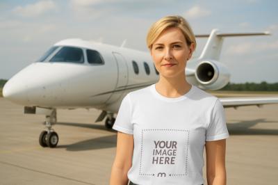 T-Shirt Mockup on Woman by Airplane for Travel Campaigns