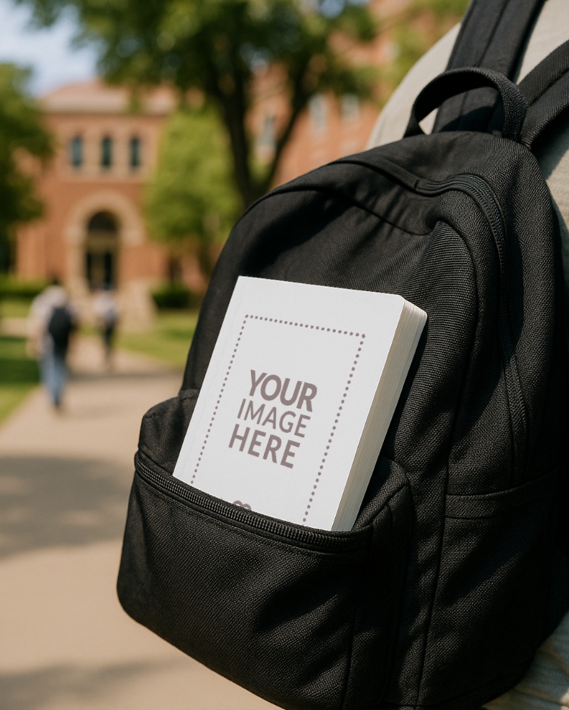 Paperback Book Cover Mockup by Backpack for Travel Journals preview image